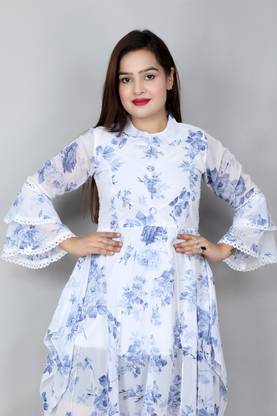 Belakiz Women Fit and Flare Blue, White Dress