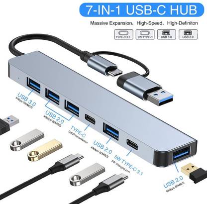 FKU 7 Port Usb C Hub splitter usb 3.0 adapter docking station Type C Data TRANSFER 7 Ports for Laptops and Desktops - USB 3.0 and 2.0 Compatible USB Hub