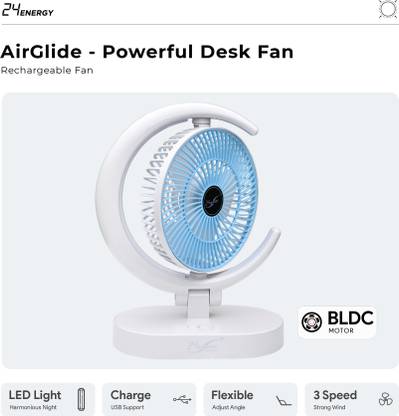 24 ENERGY Coolvibe 6 Inch Inbuilt LED Rechargeable Fan | BLDC Motor | 3 Speed USB Fan