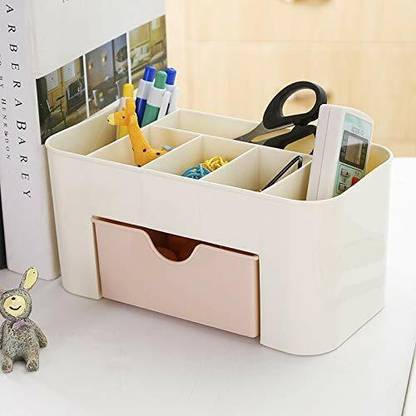 JIGSHTIAL 7 Compartments Plastic Cosmetic Organizer Multi Functional Desktop Remote&Pen Stand Office Stationary Stand Desk Organizer
