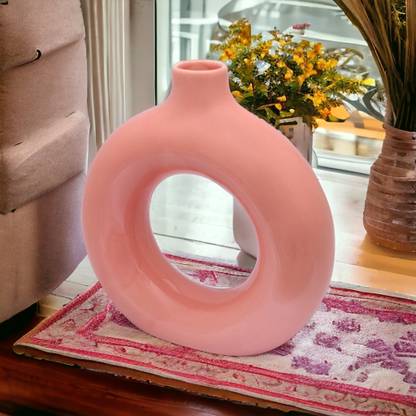 RAFOLEEN RAFOLEEN Pink Glossy Ceramic Donut Shape 6 Inches Vase - Pack of 1 Ceramic Vase