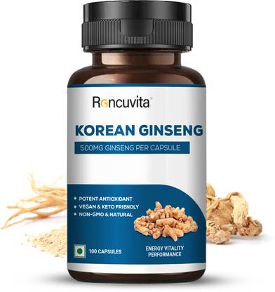RONCUVITA Korean Ginseng 500mg, 100 Vegetarian Capsule for Energy Vitality Performance