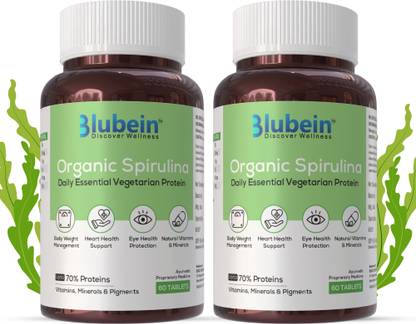 Blubein Spirulina Tablets for Men & Women | Super Greens Packed with 60-70% Protein