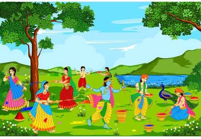 Pitaara Box Radha Krishna Playing Holi Framed Wall Art Painting Print Canvas 12 inch x 18 inch Painting