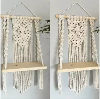 ZAWI Macrame Handmade Wooden Wall Shelf | Bohemian Wall Shelf Pack of 2