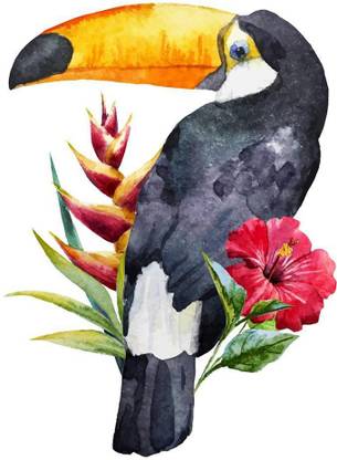 Pitaara Box Beautiful Toucan With Flowers Unframed Wall Art Painting Print Canvas 24 inch x 24 inch Painting