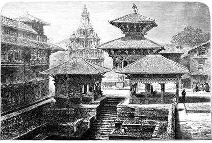 Pitaara Box Victorian Engraving Of A Temple In Nepal Framed Wall Art Painting Print Canvas 12 inch x 18.2 inch Painting