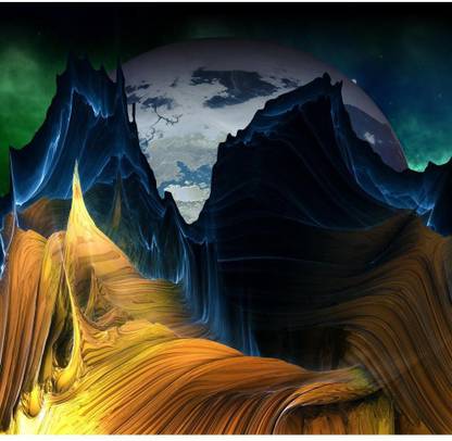 Pitaara Box Alien Mountains With Space And A Big Planet Framed Wall Art Painting Print Canvas 16 inch x 16.7 inch Painting
