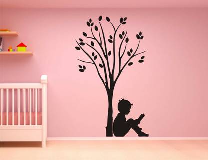 PRIME HOME DECOR 59 cm Boy study under a tree black wall sticker size(59*90)cm Self Adhesive Sticker
