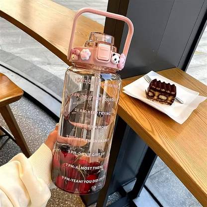 DENFY Water Bottle With Motivational Time Marker, Water Bottle with Straw & Handle 2000 ml Shaker