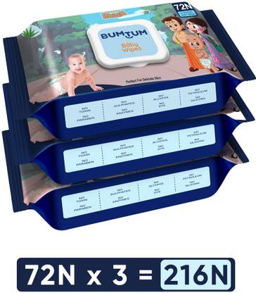 BUMTUM Baby Wet Wipes with Lid | Paraben & Sulfate Free (Pack of 3)  (216 Wipes) at Rs. 166