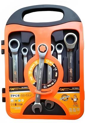 A. SHARIF 7PCS Heavy Duty Dual Head Multi-Functional Ratchet Combination Spanner Wrench 8-19mm Repair Tools Set with Open End Spanner and Carry Case for Cars Bicycles Double Sided Combination Wrench