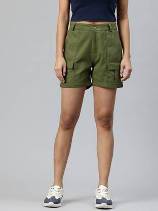 Popnetic Solid Women Dark Green Cargo Shorts