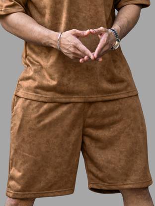 Jump Cuts Solid Men Brown Casual Shorts
