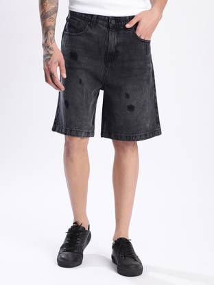 Bene Kleed Distressed Men Black Denim Shorts
