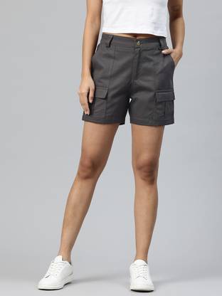 Popnetic Solid Women Dark Grey Cargo Shorts