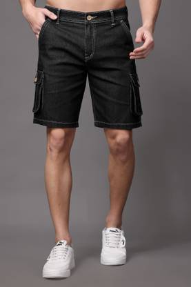 ZAYSH Solid Men Denim Black Cargo Shorts