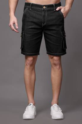 ZAYSH Solid Men Denim Black Cargo Shorts
