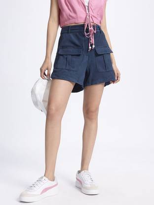 Glitchez Solid Women Blue Cargo Shorts