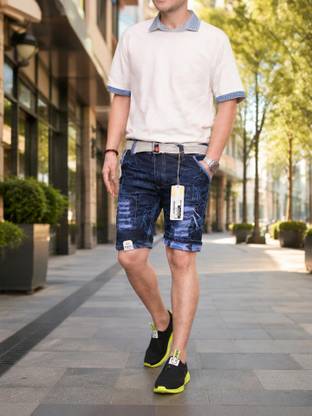 Dyed/Washed Men Denim Dark Blue Denim Shorts
