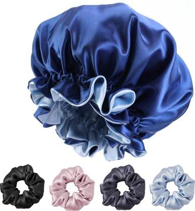 SCRUNBOW Satin Silk Bonnet with 4 Satin Scrunchies,Satin Bonnet for Curly Hair(Blue)