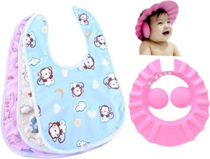 DECRONICS 3 Pcs Cotton Bibs/Apron & 1 Pc Baby Shower Bath Cap, Combo Pack of 4