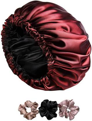 ERVY Satin Hair Bonnet cap 3 Primium Scrunchies sleeping bonnet shower cap [ Maroon]