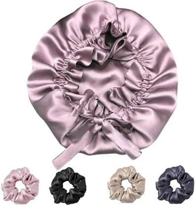 SCRUNBOW SatinSilkBonnet for Hair with 4 Scrunchies, Adjustable Silk Hair Cap Sleeping