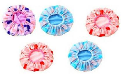 FOK Men's and Women's Plastic Printed Shower Cap with Elastic Band - Set of 5 Pieces