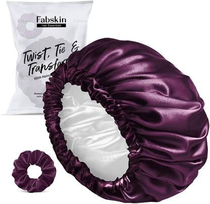 Fabskin Luxury Satin Silk Hair Bonnet Cap for Sleeping with Satin Scrunchie - Wine
