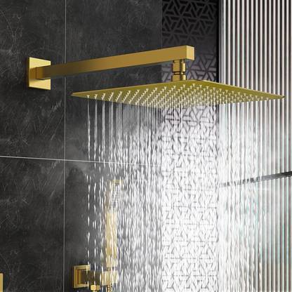 Spazio Gold 8" x 8" Inch Overhead Shower With 18" Inch Square Shower Arm & Wall Flange Shower Head