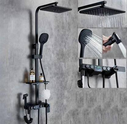 BHM Black Shower Set Tap Wall Mounted, Thermostatic with digital display Rain fall, Water fall, Hand Shower, Body Jet Shower
