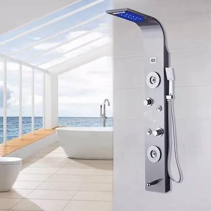 Prossimagen Shower Panel Thermostatic 5 in One with Rainfall Shower, Body Massage Spray Handheld Shower, Wall Mount - Easy Connect Shower Panel Kit with LED Display Luxury Black Finish
