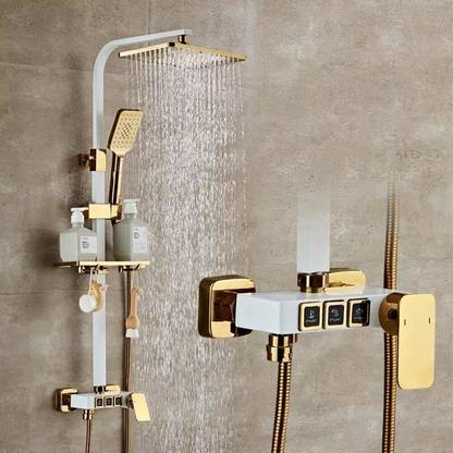 Luxury Shower Panel with Button Switches, Wall Mount Hot & Cold 3-in-1 Set for Bathroom, Gold Finish, Adjustable Height & Multi-Outlet System