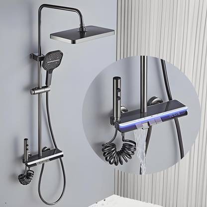 Luxury Solid Brass Circular Shower Panel Set, 4 Functions, Digital Temperature Display, Thermostatic, Hand Shower, Overhead Shower, Spout, Health Faucet, Black Rainfall
