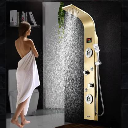 Prossimagen Shower Panel Thermostatic 5 in One With Digital LED Display Temperature Wall Mount Easy Connect Gold Shower Panel System Rainfall Luxury Shower set Stainless Steel