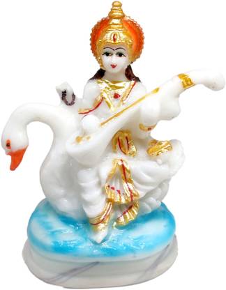 G LOOKS Saraswati Maa on Swan(Duck) Marble Dust Statue/ Mata Saraswati Small Idol Decorative Showpiece  -  15 cm