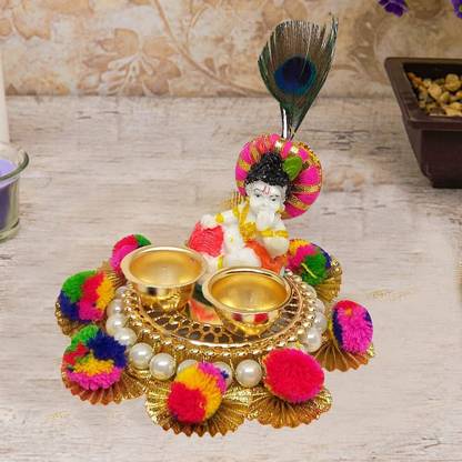 Saugat Traders Cute Little Laddu Gopal Bal Krishna Idol Beautiful Decorative Bhog Plate - Thali Decorative Showpiece  -  13.97 cm