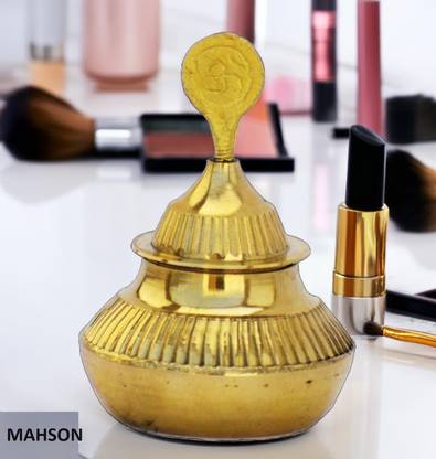 MAHSON Traditional Handmade Round Brass Kumkum Box With Stick without Sindoor Decorative Showpiece  -  9 cm