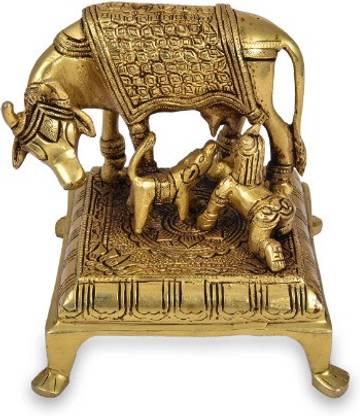Rhapsodically Made Mother cow feeding calf and Krishna Decorative Showpiece  -  12.7 cm