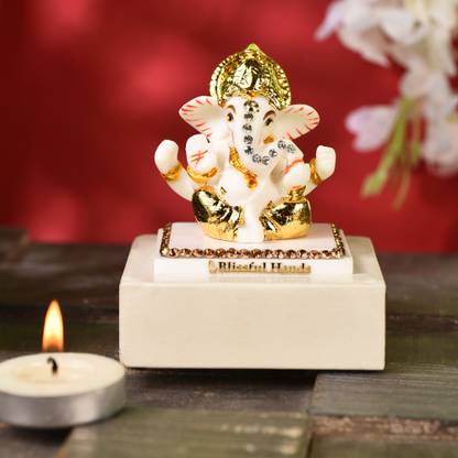 Ghar Saaz Gold Leaf Marble Dust Mukut Ganesha Idol In Matt White Finish Decorative Showpiece  -  6 cm