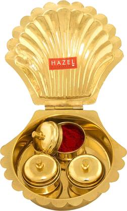 HAZEL Shell Shape Kori Karanda Haldi Kumkum Box, 11.5 x 11.5 cm, Golden Decorative Showpiece  -  2.1 cm
