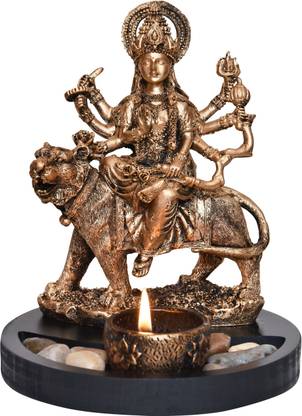 MARINER'S CREATION DURGA MATA IDOL IN ANTIQUE FINISH WITH TRAY AND T LIGHT HOLDER FOR HOME DECOR,LIVING ROOM,BEDROOM,OFFICE,TEMPLE,HOUSE WARMING GIFT | SHOWPIECE FOR HOME DECOR | STATUE FOR HOME DECOR | Decorative Showpiece  -  18.5 cm