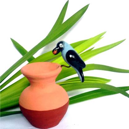 Spicy Crafts Clever Crow Clay Bird Thirsty Crow on a pot Miniature Handicrafts Decorative Showpiece  -  10 cm
