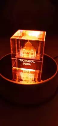 TANISHKA CREATIONS Taj Mahal 3D Laser Crystal Cube With 4 LED Roatating Stand Decorative Showpiece  -  8 cm