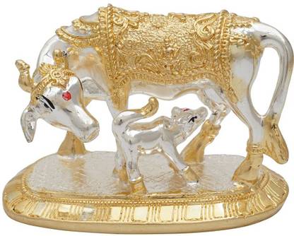 Ajmera Sales Pure Silver & 24K Pure Gold Coated Kamdhenu Cow with Calf Statue Idol Decorative Showpiece  -  14 cm
