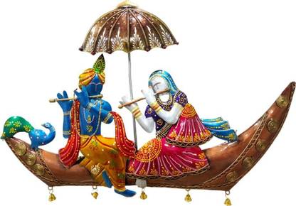 Vandana Collection Wall Art,Radha Krishna on Boat with Umbrella, Traditional Home Decor with Bells Decorative Showpiece  -  37 cm