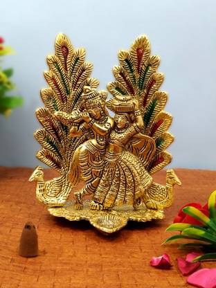 WELLWISHERS CRAFT Radha Krishna Idol Statue with Diya Peacock Design Decorative Showpiece Decorative Showpiece - 20 cm