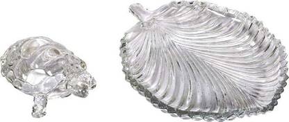 Satre Online and Marketing Crystal Glass Vastu Feng Shui Turtle, Glass Leaf Plate with Tortoise Set - 2 Pcs Decorative Showpiece  -  5.7 cm