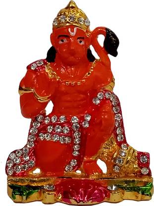 Purpledip Metal Idol Hanuman Bajrangbali: Small Red Statue With Glittering Stones Decorative Showpiece  -  1 cm